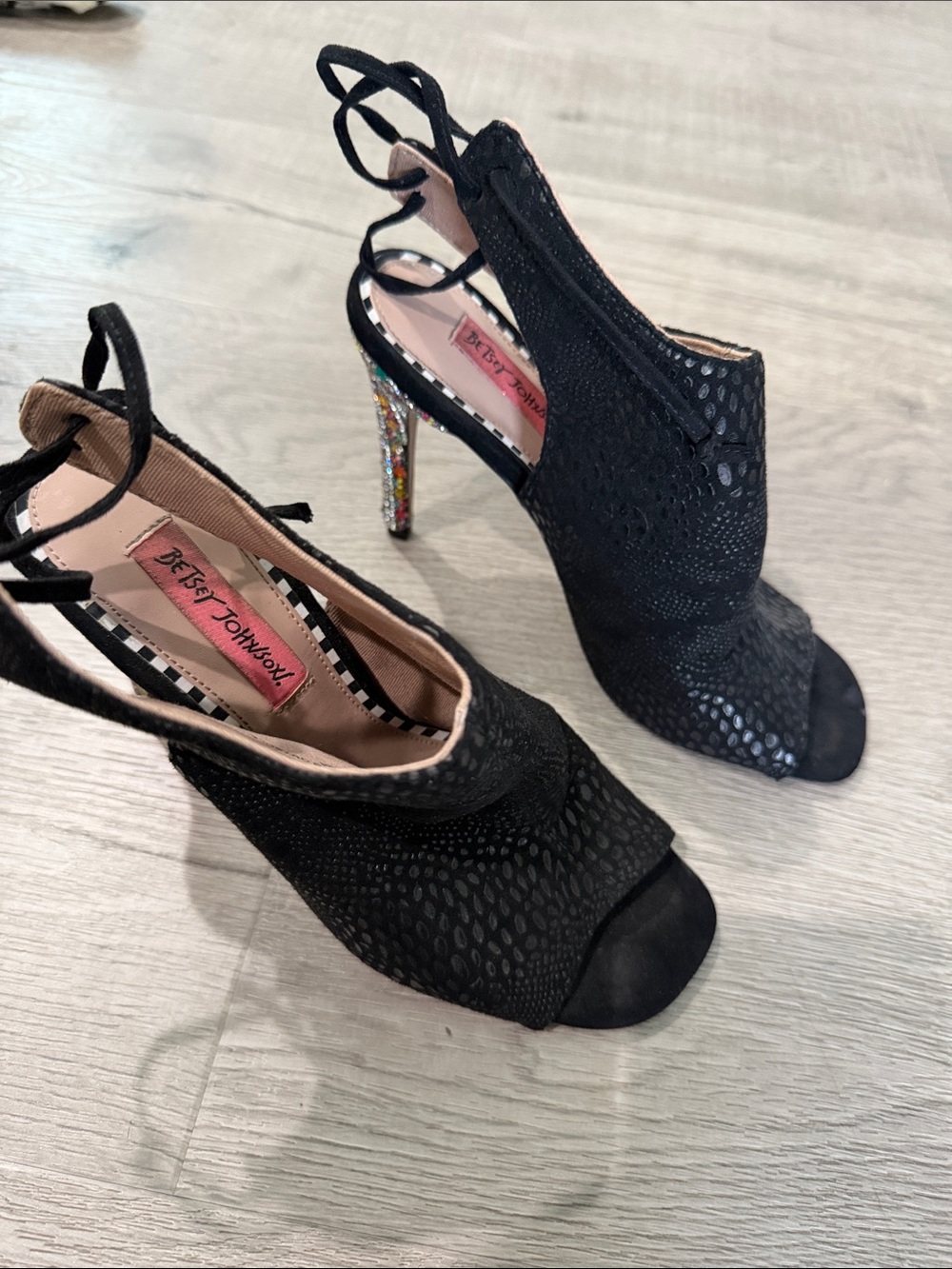Betsey Johnson Black Open-Toe Lace-Up Heels with Multicolor Glitter Heel